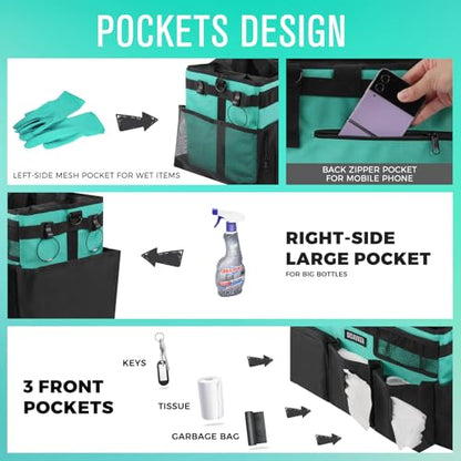 Wearable Cleaning Caddy Bag, Cleaning Caddy Supplies Organizer with Handle & Shoulder Straps for Housekeepers, Under Sink & Car Cleaning Tool Organizers with 4 Foldable Divider (Lake Blue)