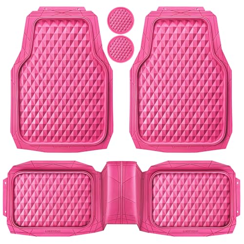 CAR PASS Heavy Duty Rubber Pink Car Floor Mats, Deep Dish All-Weather Full Set Durable Anti-Slip 3D Rhombus Waterproof Trim to Fit Liner Universal Fit Automotive,Sedan,SUV,Truck, 3 Pcs Hot Pink - color: hot pink