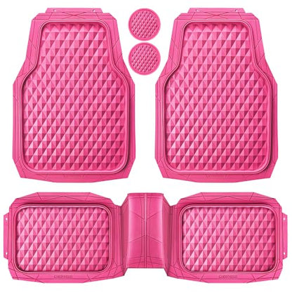 CAR PASS Heavy Duty Rubber Pink Car Floor Mats, Deep Dish All-Weather Full Set Durable Anti-Slip 3D Rhombus Waterproof Trim to Fit Liner Universal Fit Automotive,Sedan,SUV,Truck, 3 Pcs Hot Pink - color: hot pink