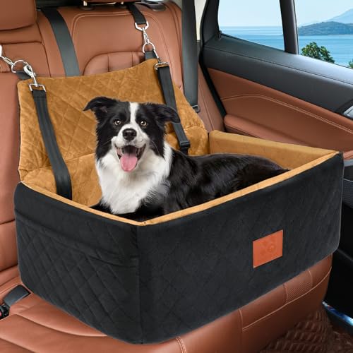 Dog Car Seat for Large Medium Dogs,Washable Pet Car Seat Under 55 lbs or 2 Small Dogs,Dog Booster Seat with Thick Cushion,2 Safety Leashes Travel Car Dog Bed - color: Black/brown