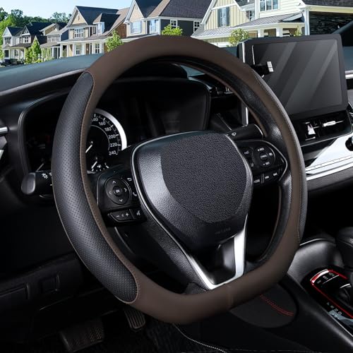 SEG Direct D Shaped Steering Wheel Cover for 14.5-15 inch Flat Bottom Wheels, Breathable Perforated Microfiber Leather, Anti-Slip Grip, Universal Fit for Cars & SUVs, Black and Brown - color: Black & Brown, size: D-shaped