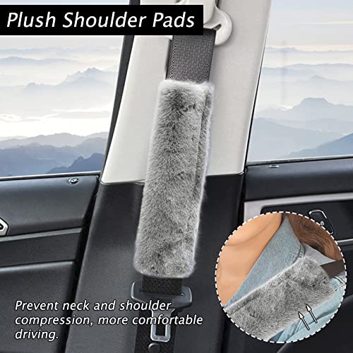 9 Pack Cute Bear Fluffy Steering Wheel Cover with Furry Gear Cover,Handbrake Cover,Seat Belt Pad,Armrest Pad,Bling Car Coaster and Fur Key Chain for Women Girls (Gray) - color: Gray