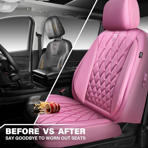 CAR PASS Piping Luxury Leather Two Front Car Seat Covers, Cute Girly Waterproof Anti Slip Seat Covers Compatible with Front Seat Armrests,Universal Fit for Suvs,Vans,Trucks,Airbag Compatible(All Pink) - color: All Pink, size: Two Front