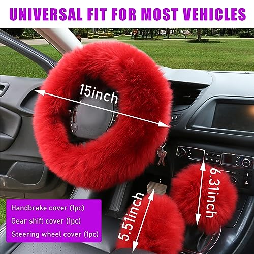 Ziciner 3PCS Wool Steering Wheel Cover with Fuzzy Handbrake Cover & Gear Shift Cover, Universal 15 Inch Steering Wheel Fluffy Soft Protector, Comforting Warm Car Decoration for Women Men (Red) - style: Red