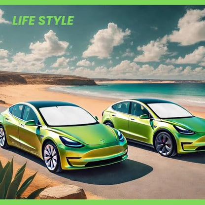 Windshield Sun Shade Compatible for Tesla Model 3/Y | Certified 99.87% UVB & 99.02% UVA Car Sun Shade. Award Winning Sunshade - Patented Technology | Car Shades by Kinder Fluff - size: Model 3/Y