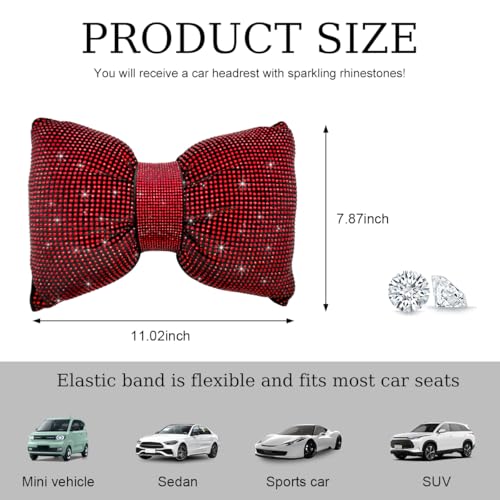 Bling Car Seat Neck Pillow, Soft Bling Bowknot Headrest Neck Support Rest Cushion, Neck Relax Head Rest Auto Pillow with Crystal Rhinestone for Women, Car Accessories (Red) - color: Red
