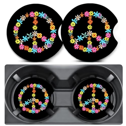 2 Pack Car Coasters for Cup Holders,Flower Peace Car Cup Holder Coasters,2.75" Universal Size Anti Slip Rubber Mat,Automotive Interior Accessories,Automotive Cup Holder Decor,Gifts for Women Men Mom - color: Peace Sige