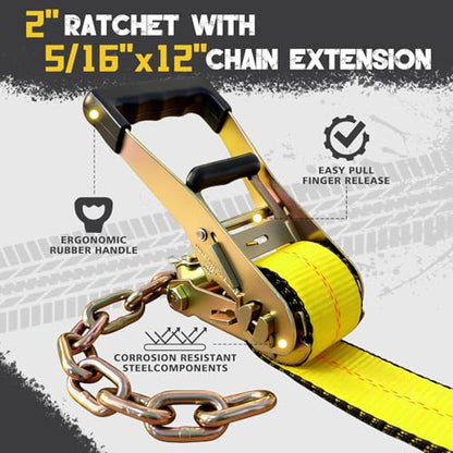 4PCs Towing Recovery Winch Strap w/RTJ Cluster Hook 2" x12', with 4PCs Ratchet Chain Tail, 10000LBS Recovery Towing Truck Straps, Towing Truck Car Trailer Winch Wrecker Tie Down Straps - size: 2"x12FT w/Ratchet(4PCs)