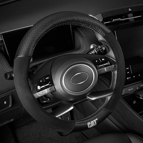 Cat® Steering Wheel Cover - Suede/PU Leather Black/Gray w/Chrome Logo, Durable & Comfortable with Advanced Grip, Car Steering Wheel Cover for Auto Truck Van SUV - Standard 14.5" - 15 Inches - color: Black/Gray Suede, size: Standard (14.5-15")