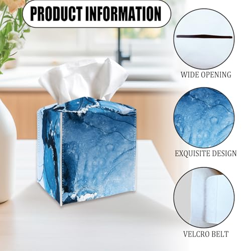 Blue Tissue Box Cover Holder, Abstract Liquid Marble PU Leather Tissue Box Cover with Bottom Belt, Square Facial Paper Organizer for Tabletop, Bathroom, Kitchen, Car & Office -041 - color: Blue Marble 2