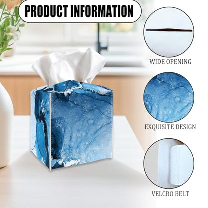 Blue Tissue Box Cover Holder, Abstract Liquid Marble PU Leather Tissue Box Cover with Bottom Belt, Square Facial Paper Organizer for Tabletop, Bathroom, Kitchen, Car & Office -041 - color: Blue Marble 2