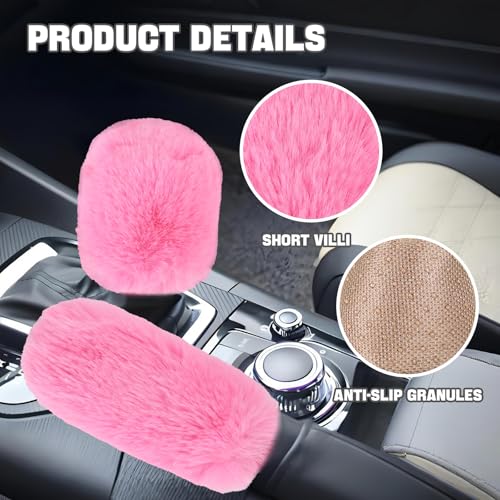 Hovom 2PCS Fluffy Car Gear Shift Knob Cover & Handbrake Cover, Soft Plush Hand Brake Handle & Gear Shift Cover for Women Girls, Universal Comfortable Warm Furry Car Accessories (Pink)
