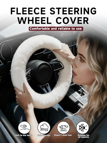 Fuzzy Fluffy Steering Wheel Cover - Warm Soft Plush Material, Universal Fit for 14-15 Inch Steering Wheels, 5 Colors - Cute Girly Car Accessory for Women, Men, Girls, Adults (White) - color: White