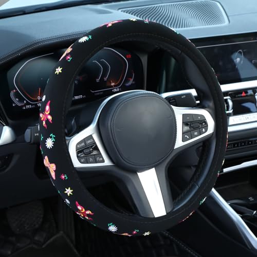 Embroidered Butterfly Daisy Cute Black Steering Wheel Cover, Auto Anti-Slip Breathable Steering Wheel Protector, Butterfly Floral Car Accessories for Women,Universal Size Fit Most Cars -15 inch - color: Butterfly