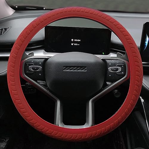 Universal Steering Wheel Cover：13.5 to 15 Inches Stretchable Silicone Anti Skid Steering Wheel Protector Fit for Most Car Models Including Round D Shape or Special Shape (Red) - color: Red
