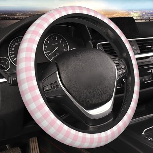 Thickened Elastic Steering Wheel Cover, Girly Pastel Pink Gingham Plaid Ultra, Soft, Breathable, Fit for Cars, SUVs, Trucks, Stylish Comfortable Grip - color: Girly Pastel Pink Gingham Plaid