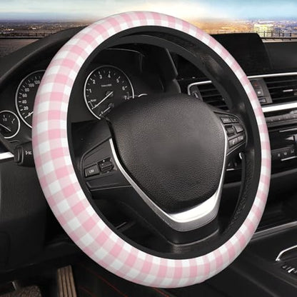 Thickened Elastic Steering Wheel Cover, Girly Pastel Pink Gingham Plaid Ultra, Soft, Breathable, Fit for Cars, SUVs, Trucks, Stylish Comfortable Grip - color: Girly Pastel Pink Gingham Plaid