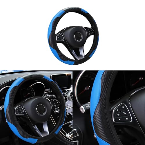 Car Steering Wheel Cover, 15 inch Carbon Fiber Microfiber PU Leather Elastic Steering Wheel Protector for Men Women, Anti-Slip Breathable Car Interior Accessories for Most Cars (Blue) - color: Blue