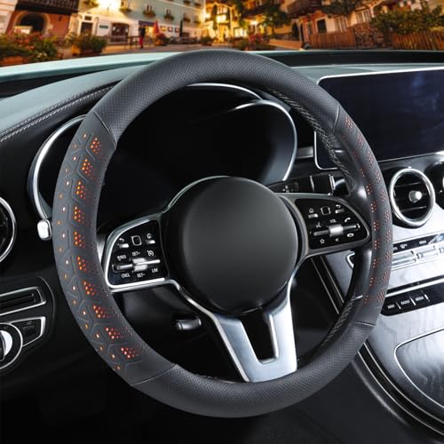3D Premium Skin-Feel Leather Small Car Steering Wheel Cover, Anti-Slip Breathable Soft Slim Design, 13.5 inch to 14 inch, Black with Orange - color: Black with Orange, size: Round-Small[13.5''-14'']