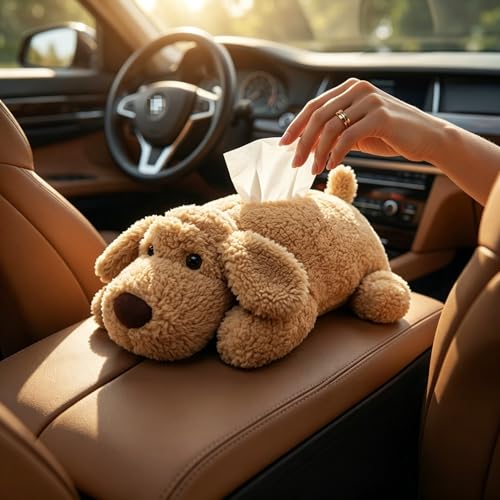Puppy Plush Tissue Box Holder for Car Soft Stuffed Dog Paper Case Cute Animal Napkin Dispenser for Vehicle Home Office Decoration
