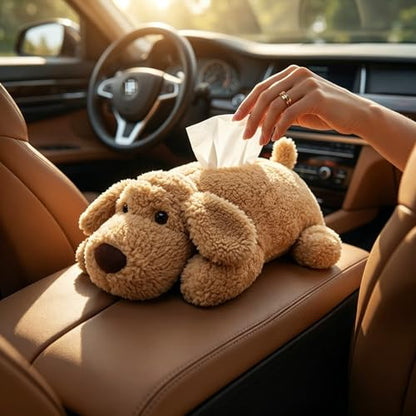 Puppy Plush Tissue Box Holder for Car Soft Stuffed Dog Paper Case Cute Animal Napkin Dispenser for Vehicle Home Office Decoration