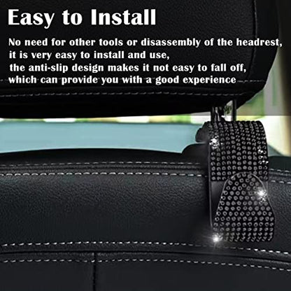 2PCS Car Seat Hooks - Bling Rhinestone Headrest Hooks with Universal Design - Perfect for Holding Handbags, Clothes, Purses, and Water Bottles - Black