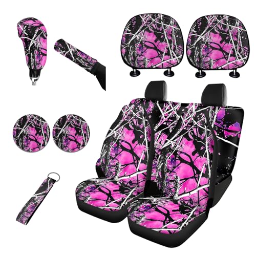 FKELYI Purple Camo Car Seat Covers Full Set with Hand Wristlet Keychain Holder,Camouflage Cup Coasters,Auto Gear Shift Cover,Handbrake Cover,Headrest Covers,Universal Fit Most Vehicle SUV Truck Van