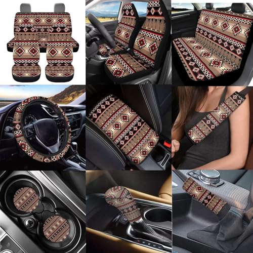 Dreaweet Native American Car Seat Covers Full Set Southwestern Aztec Navajo Seat Covers with Steering Wheel Cover/Armrest Cover/Seatbelt Covers/Car Coasters/Gear Shift Cover/Handbrake Cover - color: Native American