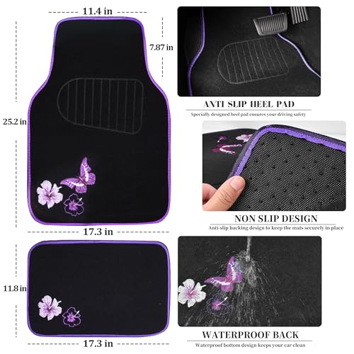 CAR PASS Embroidery Butterfly and Flower Car Floor Mats, Purple Car Floor Mats, Universal Fit 95% Automotive,SUVS,Sedan,Vans,for Women,Girly,Set of 4(Black with Purple) - color: Purple Butterfly and Flower