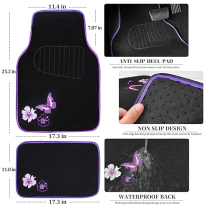 CAR PASS Embroidery Butterfly and Flower Car Floor Mats, Purple Car Floor Mats, Universal Fit 95% Automotive,SUVS,Sedan,Vans,for Women,Girly,Set of 4(Black with Purple) - color: Purple Butterfly and Flower
