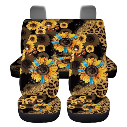 Leopard Sunflower Car Seat Covers Full Set for Front and Rear Cheetah Interior Accessories Auto Front Rear Seat Protective Set 4 Pack Leopard Print Automotive Seat - color: Sunflower Leopard Print