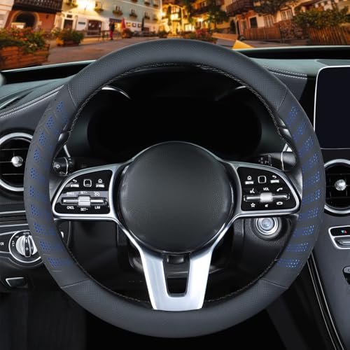 3D Premium Skin-Feel Leather Small Car Steering Wheel Cover, Anti-Slip Breathable Soft Slim Design, 13.5 inch to 14 inch, Black with Blue - color: Black with Blue, size: Round-Small[13.5''-14'']
