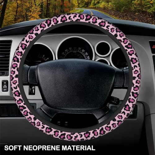 Pink Leopard Print Elastic Steering Wheel Cover, Non-Slip Breathable Neoprene Steering Wheel Covers, Women Pink Car Accessories, Universal 15 Inch Fit Auto, Suvs, Truck - color: Pink Leopard Print
