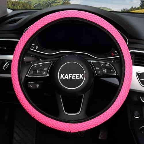 KAFEEK Elastic Stretch Steering Wheel Cover 15 Inch, Breathable Ice Silk Microfiber, Non-Slip Grip, Warm in Winter and Cool in Summer, Odorless, Car Accessories Fit Cars, SUVs, Rose Red - color: rose red