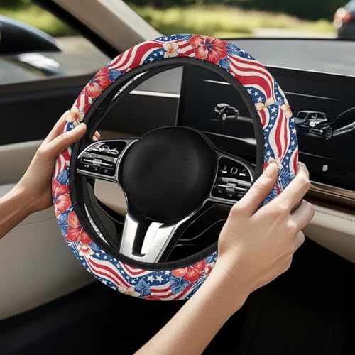 AFPANQZ American Flag Tropical Flowers Print Steering Wheel Cover for Women, Sweat Absorbing Non-Slip Steering Wheel Protection Case Elastic Flexible Universal 14 to 15 inch - color: American Flag Tropical Flowers Print