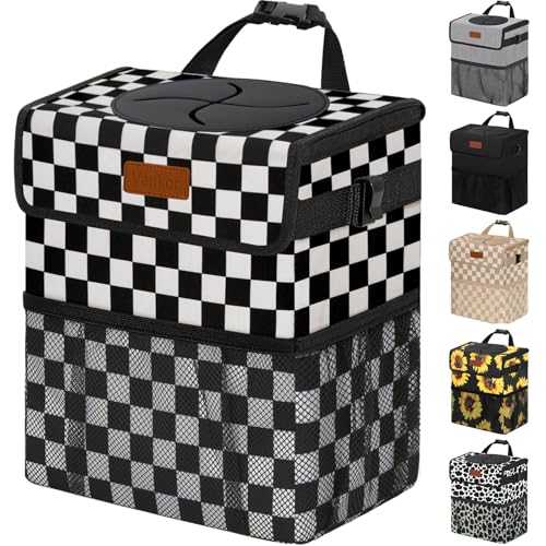 Vankor Car Trash Can Bin with Lid Hanging for Back Seat, Car Accessories for Women Men Leak Proof Automotive Garbage Cans Leakproof Vehicle Trash Can for Truck SUV,Black White Checkered - color: Black White Checkered, size: 2.2 Gallons