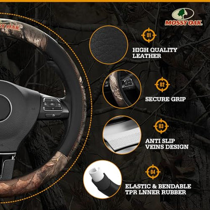 Mossy Oak Full Camo Steering Wheel Cover - Made from Premium Leather, Universal Fit for 14 1/2 to 15 inches - Official Licensed Product - Black Color - color: Black