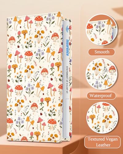 Slohif Car Registration and Insurance Holder - Mushroom Vehicle Glove Box Organizer Women with Magnetic Shut Leather Automobile License Holders Coasters Auto Accessories Case for Document - color: Bright Mushroom