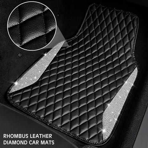 CAR PASS Bling Leather Car Mats Shining Diamond Floor Mats Crystal Rhinestone Sparkly Glitter Carpet Anti-Slip Waterproof Pad Universal Fit Automotive SUV, Sedan, Van, 5pcs Girl Women, Black Silver - color: Black Leather White Diamond