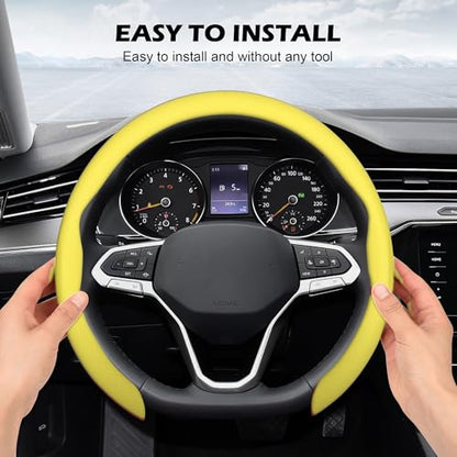 Nappa Leather Steering Wheel Cover,Universal Fit 15 Inch-Premium Non-Slip Breathable Comfort Grip for Cars Trucks SUVs,Anti-Slip Durable Interior Upgrade Lemon Yellow - color: Lemon Yellow