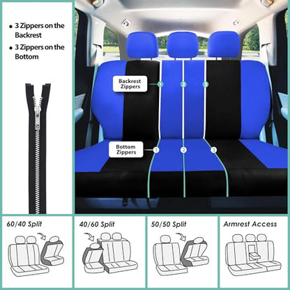 FH Group Light & Breezy Cloth Car Seat Covers, 7 Seater Three Row Set- Airbag & Split Ready -Universal for Cars Trucks and SUVs Blue/Black - color: Blue