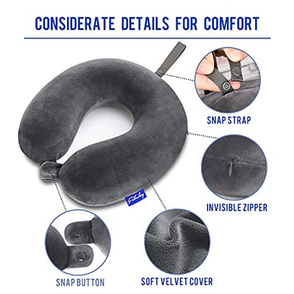 Travel Pillow Memory Foam for Airplanes - Neck Pillow for Traveling, Car, Home, Flight Pillow for Sleeping with Attachable Snap Strap Soft Washable Cover, Provide Head Neck Support Rest, Dark Gray