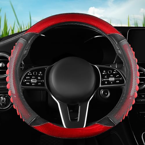 5D Honeycomb Black Red Car Steering Wheel Cover,14.5-15 Inch Universal Carbon Fibre Leather Covers Breathable Anti-Slip Odorless Steering Wheels Accessories for Men Women - color: 5D Honeycomb - Black Red