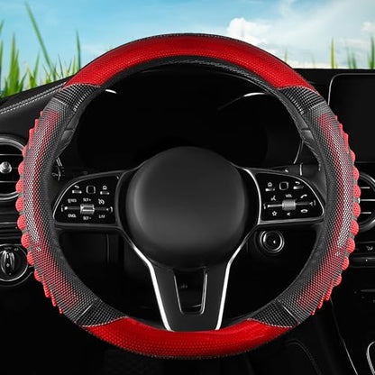5D Honeycomb Black Red Car Steering Wheel Cover,14.5-15 Inch Universal Carbon Fibre Leather Covers Breathable Anti-Slip Odorless Steering Wheels Accessories for Men Women - color: 5D Honeycomb - Black Red