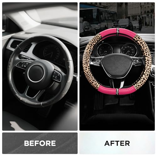 Road Comforts Leopard Steering Wheel Cover for Women, Cute Anti-Slip Microfiber Leather, Fits D Shape Flat Bottom Steering Wheel 14.5-15 Inch - HotPink - color: D Shape-HotPink