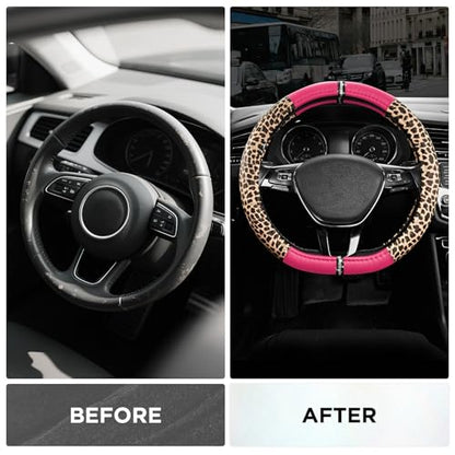 Road Comforts Leopard Steering Wheel Cover for Women, Cute Anti-Slip Microfiber Leather, Fits D Shape Flat Bottom Steering Wheel 14.5-15 Inch - HotPink - color: D Shape-HotPink