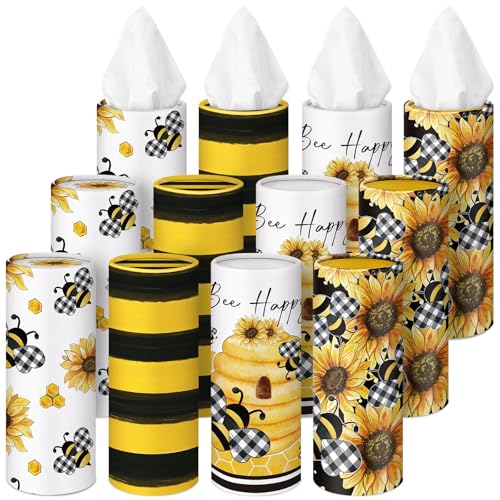 12 Pack Bee Day Tissue Cylinder Holder Bulk with 3 Ply Facial Tissues Bee and Flower Round Napkin Holders Cylinder Colorful Travel Paper Tubes Bulk Napkin for Spring Travel Home Decor - style: Bee