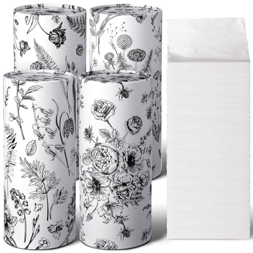 Zonon 4 Pcs Vintage Floral Car Tissue Cylinder with 240 Sheets 3 Ply Facial Tissue Bulk Black and White Round Tissues Holder Box Travel Tubes for Car Cup Holder Round Container