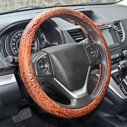 Car Steering Wheel Cover Universal 15 inch Auto Antislip Leather Protector Flower Grain Brown - color: Brown