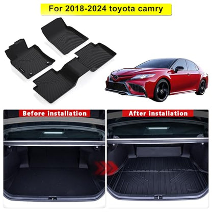 Floor Mats & Trunk Mat for 2018-2024 Toyota Camry (Not for AWD/Hybrid) - All Weather TPE Waterproof, Anti-Slip, Custom Fit Front, 2nd Seat & Rear Trunk Protection - size: 2018-24|camry|1st&2nd Row